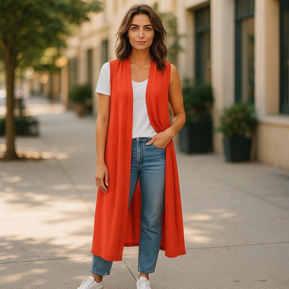 LuLaRoe Womens Duster Size Small Joy Long Vest Orange Fuzzy Solid Textured NEW